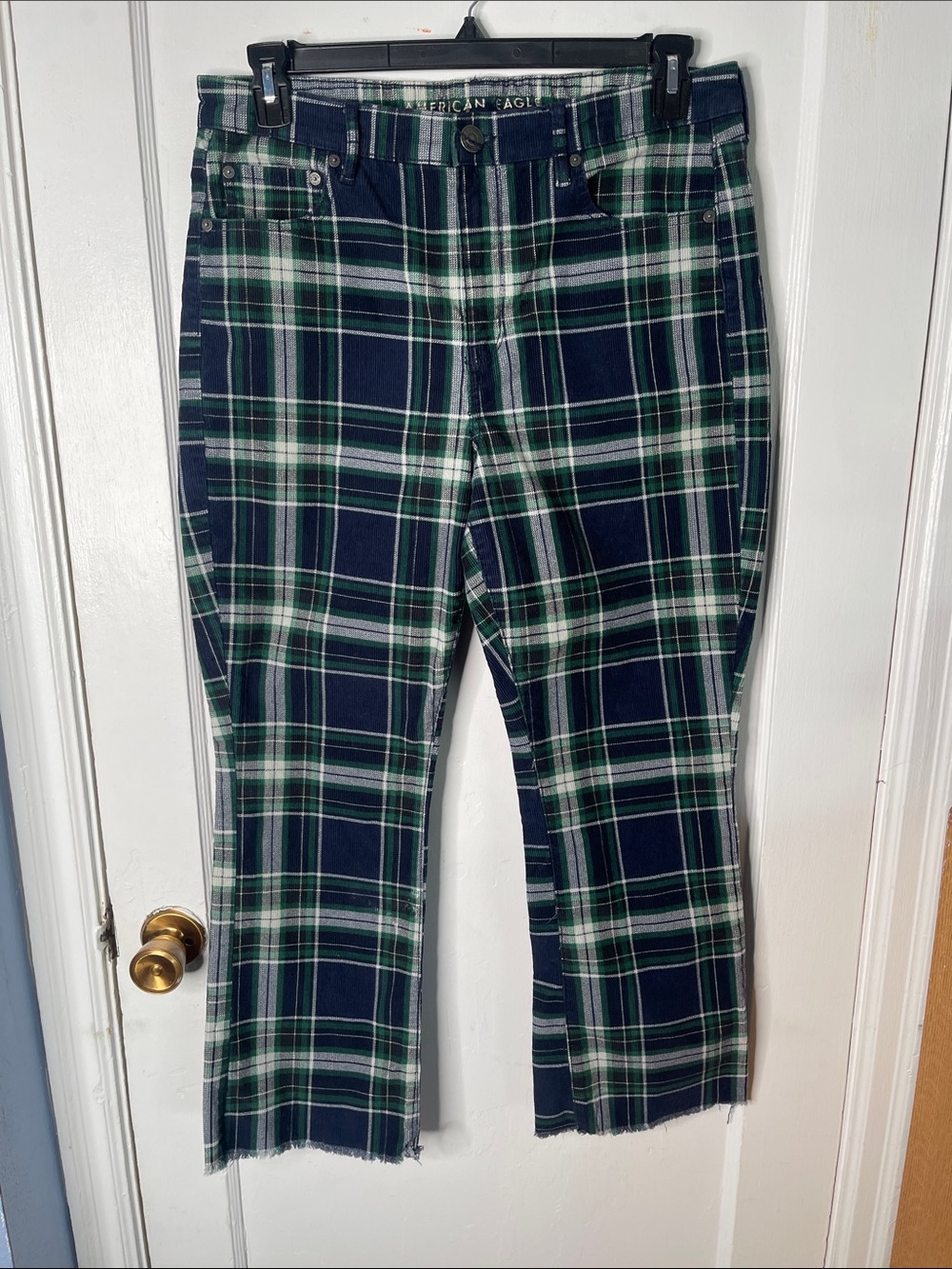 American Eagle 14 Plaid Corduroy Pants High Rise Crop Flare Navy Blue Green